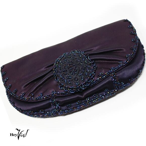 Vintage Magid Bonwit Teller Blue Satin Beaded Evening Bag Clutch 10x6 - Hey Viv - Picture 1 of 7
